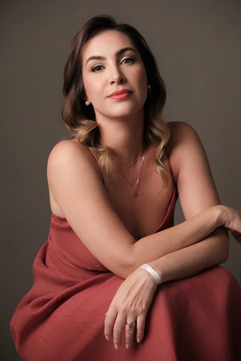 Cilene Resende sentada, retrato de estúdio